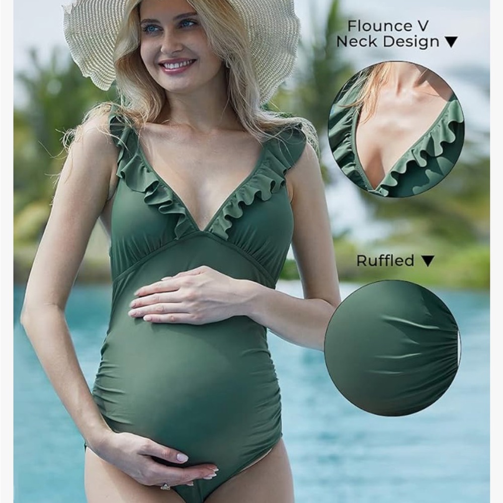 Green Ruffled One-Piece Swimsuit - Maternity - Picture 3 of 9